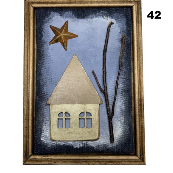 Mixed Media Wall Art | Winter Scene | House | Snow | Trees | Stars | 3D | 6 x 8" - Picture 2 of 5